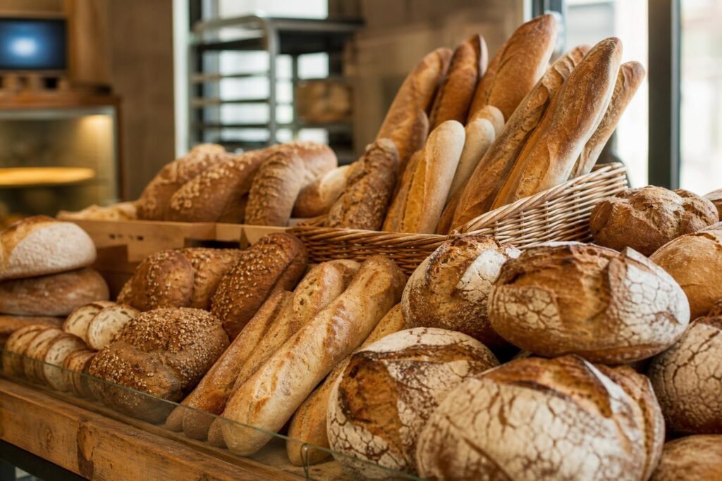 Assortiment de pains français sur l'étal d'une boulangerie, des baguettes aux miches