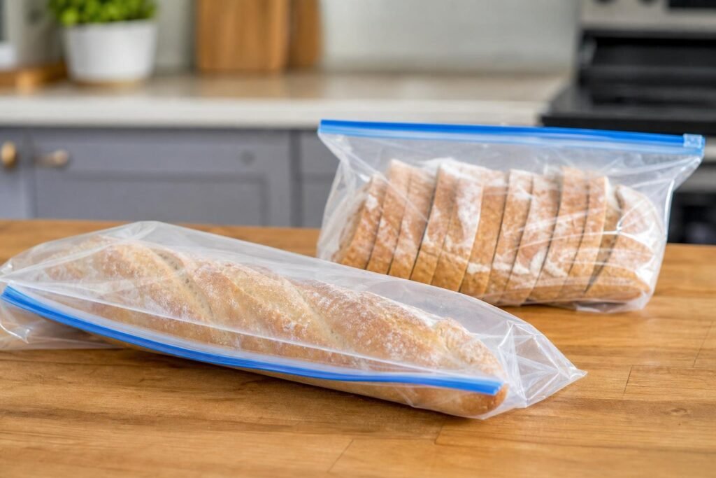 Baguette et pain tranché emballés dans des sacs de congélation