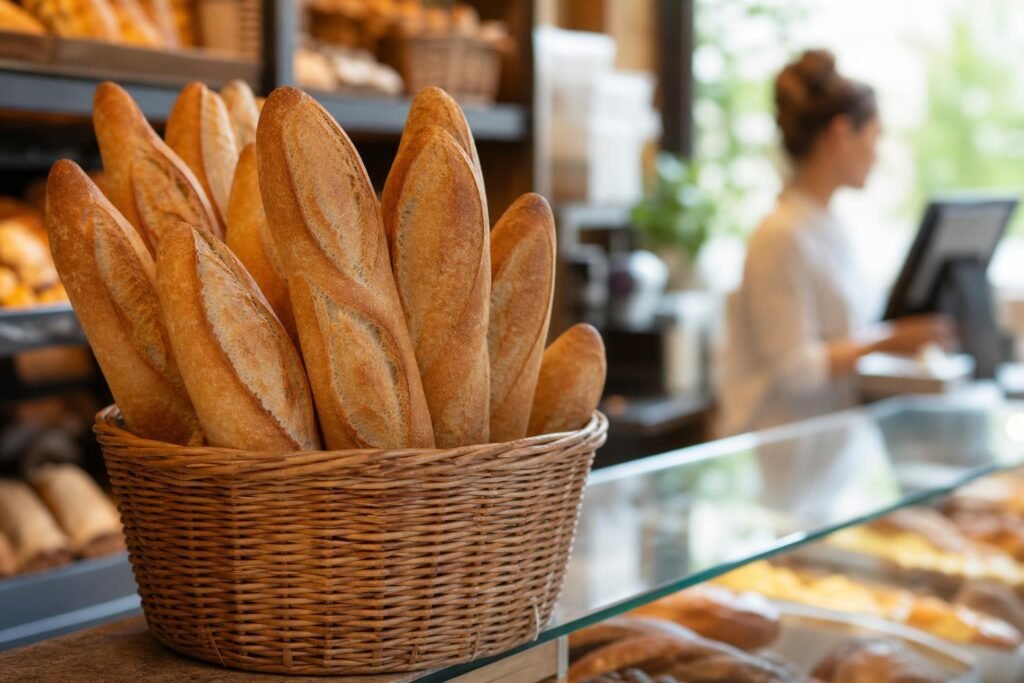 Baguettes de tradition dorées dans une corbeille au comptoir d'une boulangerie