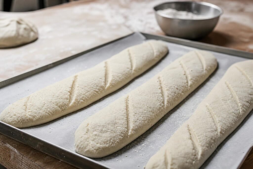 Baguettes précuites pâles sur une plaque, avant leur seconde cuisson au four