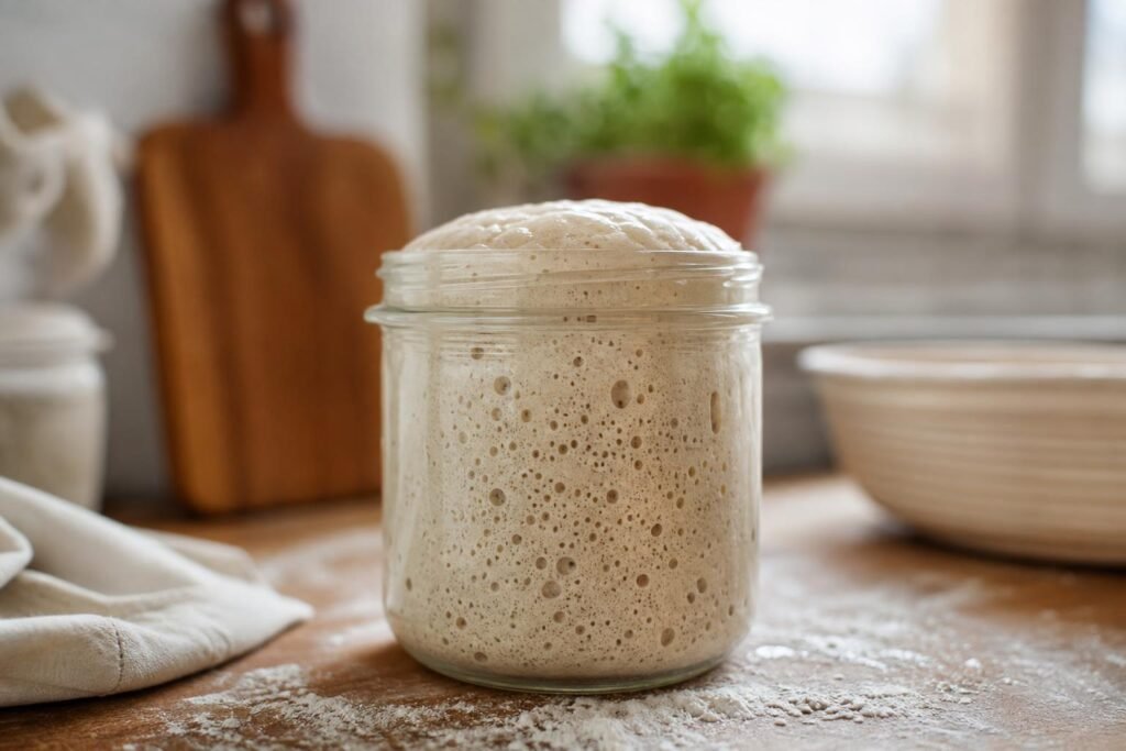 Bocal de levain naturel en pleine activité, bombé et bullé, sur un plan de travail fariné