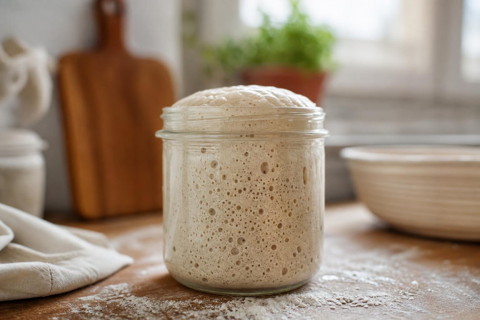 Bocal de levain naturel en pleine activité, bombé et bullé, sur un plan de travail fariné