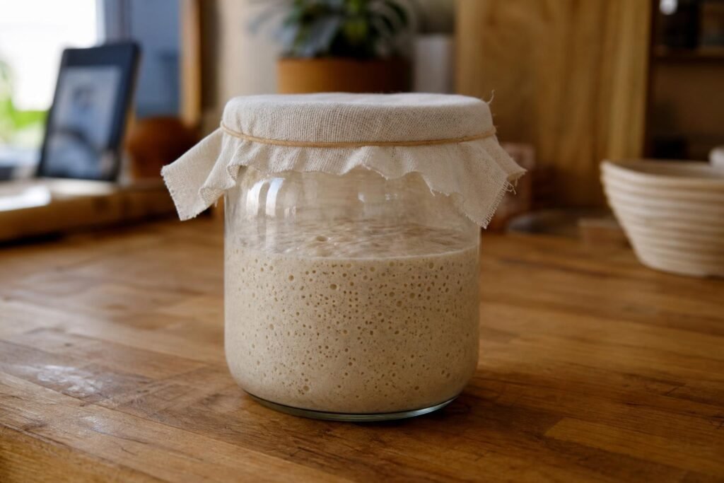 Bocal de levain naturel posé sur un plan de travail en bois