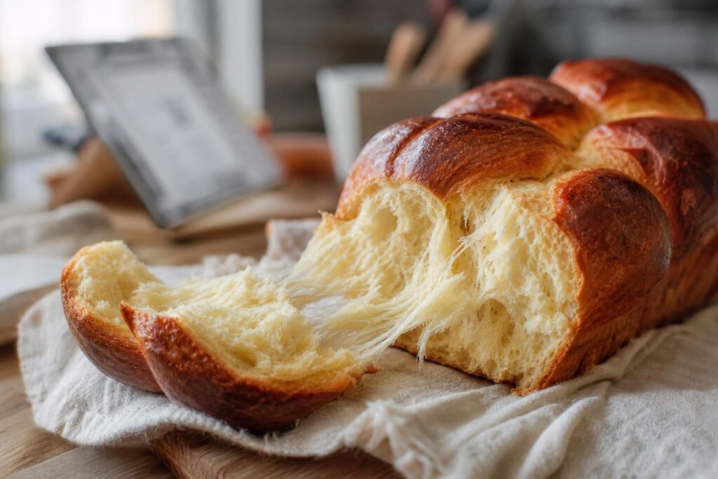 Brioche au levain tressée, mie filante et croûte dorée