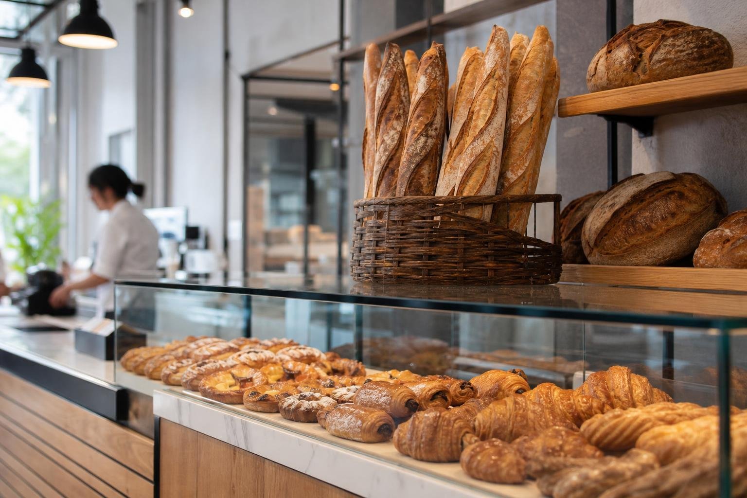 Comptoir de boulangerie avec baguettes et viennoiseries en vitrine