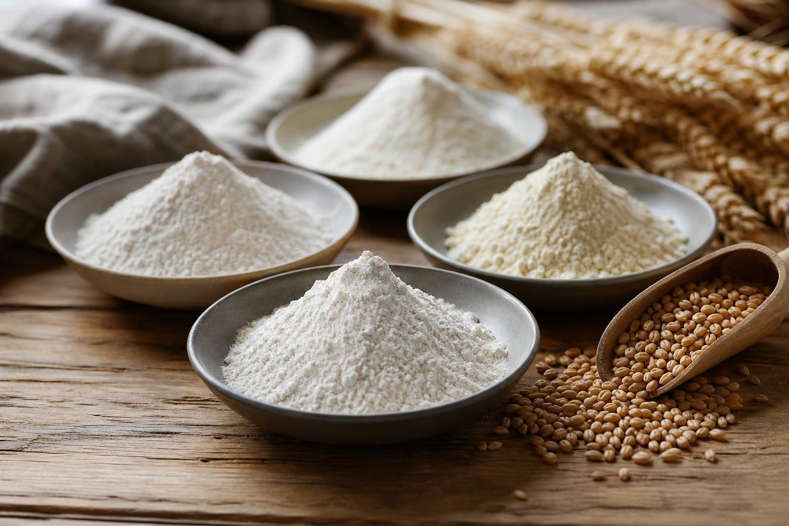 Quelle farine pour faire du pain ? Le guide complet Farines de blé de différents types présentées en coupelles à côté de grains de blé