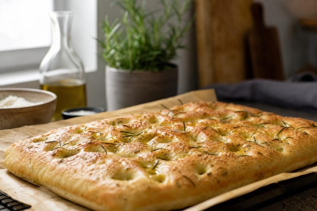 Focaccia maison dorée, huile d'olive et romarin, tout juste sortie du four