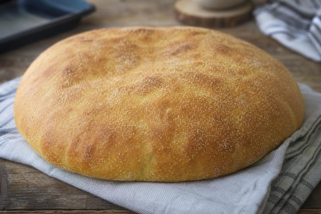 Grand pain arabe rond à la semoule, doré à la sortie du four