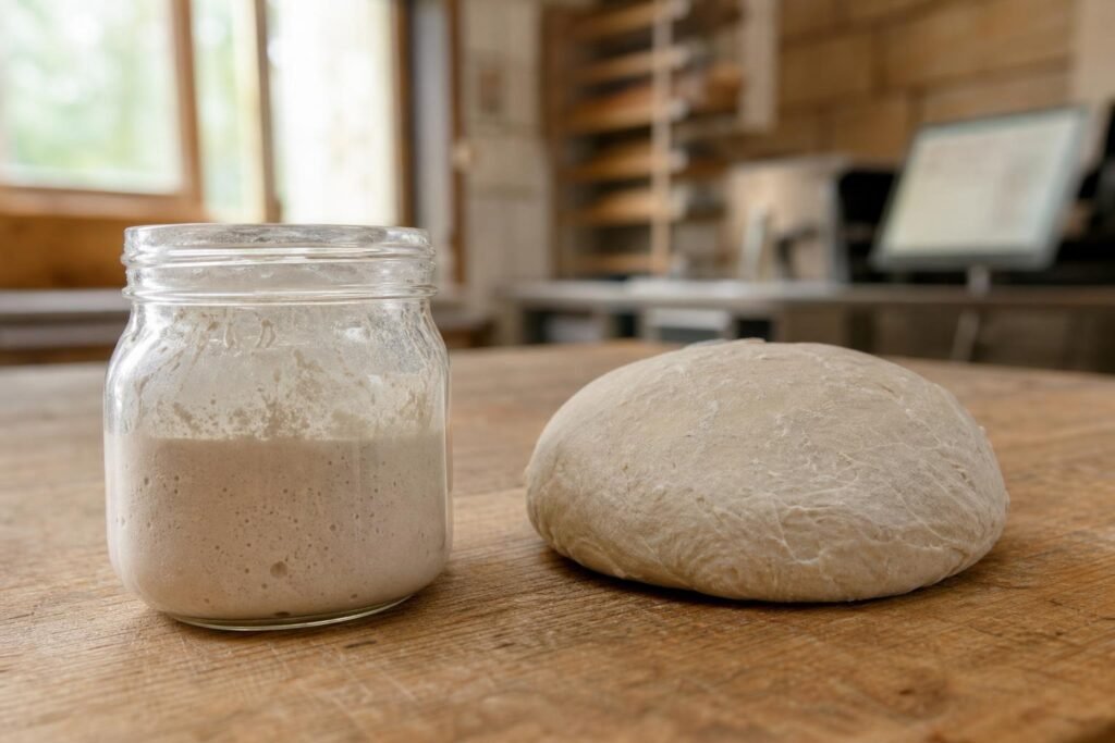 Levain liquide dans un bocal et levain dur en boule sur un plan de travail de fournil