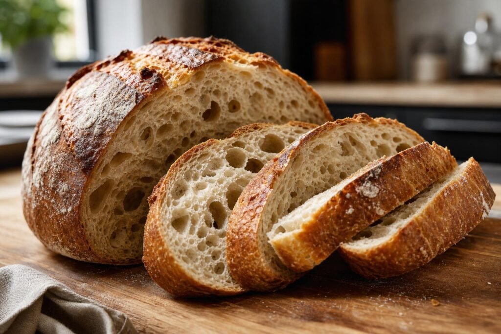 Miche de pain au levain tranchée, croûte acajou et mie alvéolée