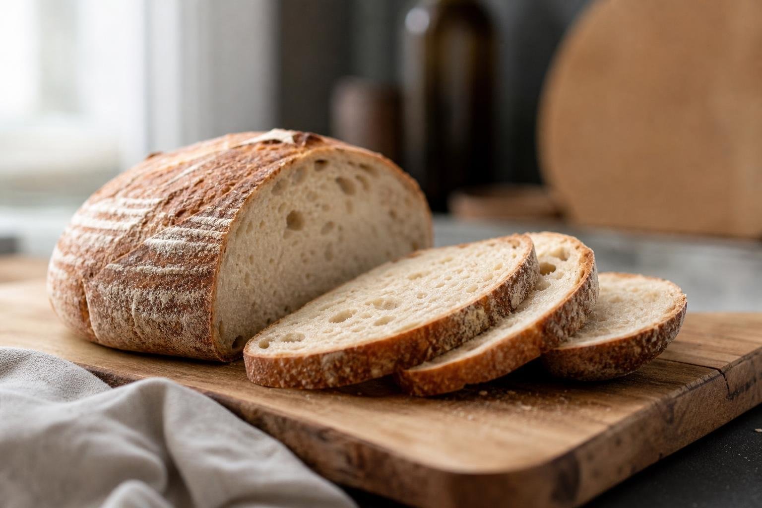 Miche de pain au levain tranchée sur une planche en bois