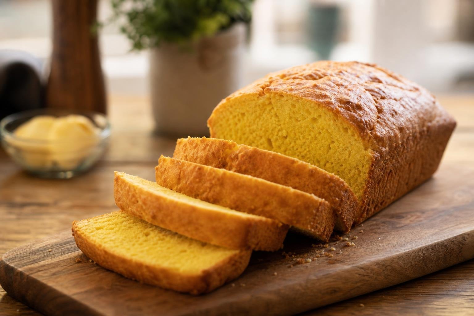 Miche de pain au maïs à la mie jaune, tranchée sur une planche en bois