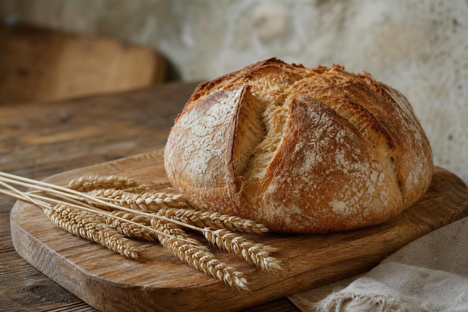 Miche de pain au petit épeautre posée sur une planche en bois, à côté d'épis d'engrain