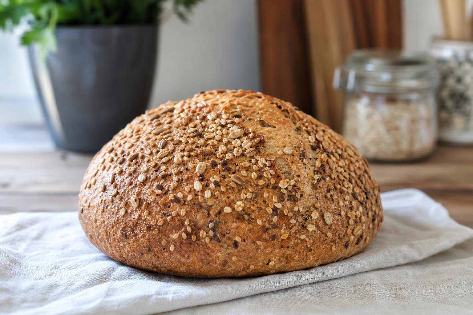 Miche de pain aux céréales entière, croûte parsemée de graines