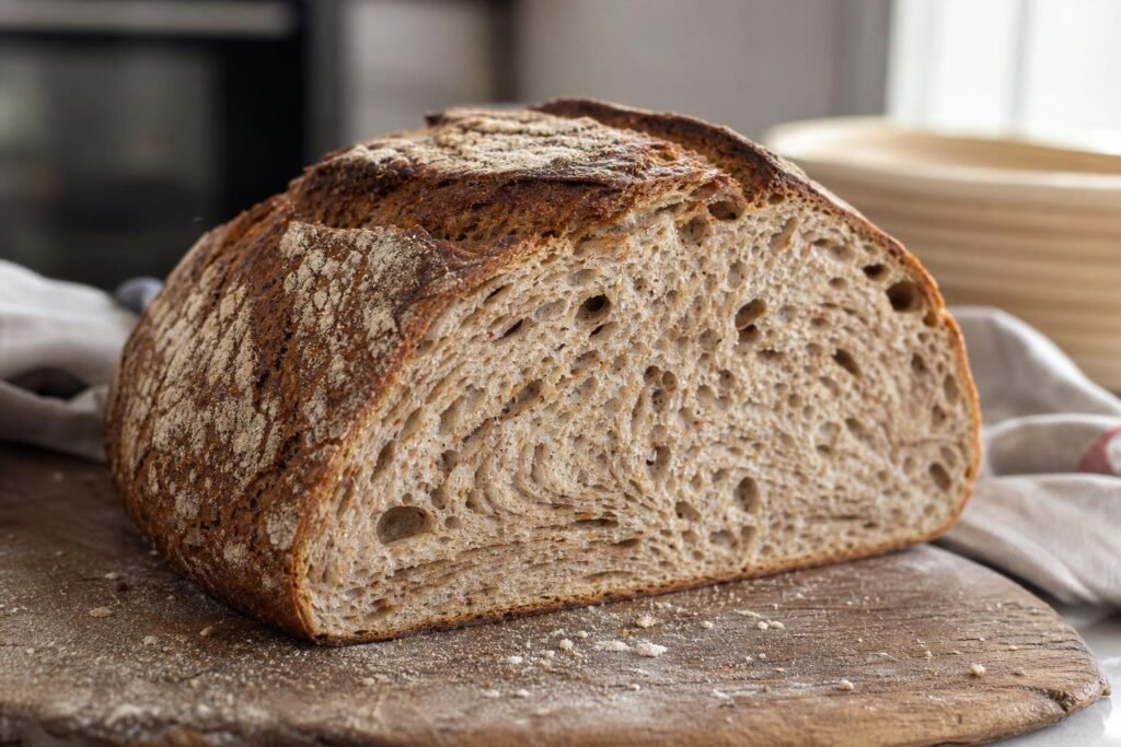 Miche de pain de campagne coupée, croûte rustique et mie striée de seigle