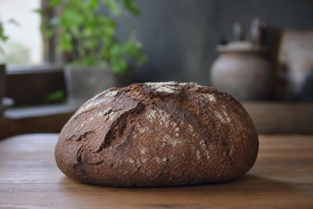 Miche de pain de seigle à la croûte foncée, posée sur un plan de travail en bois