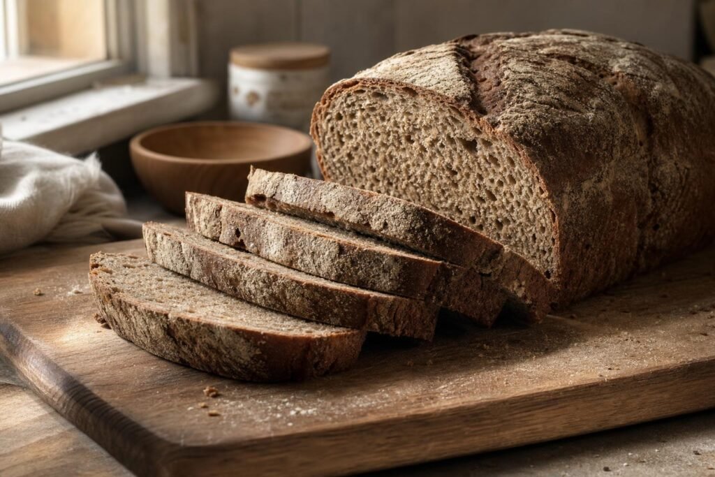 Miche de pain de seigle tranchée sur une planche en bois
