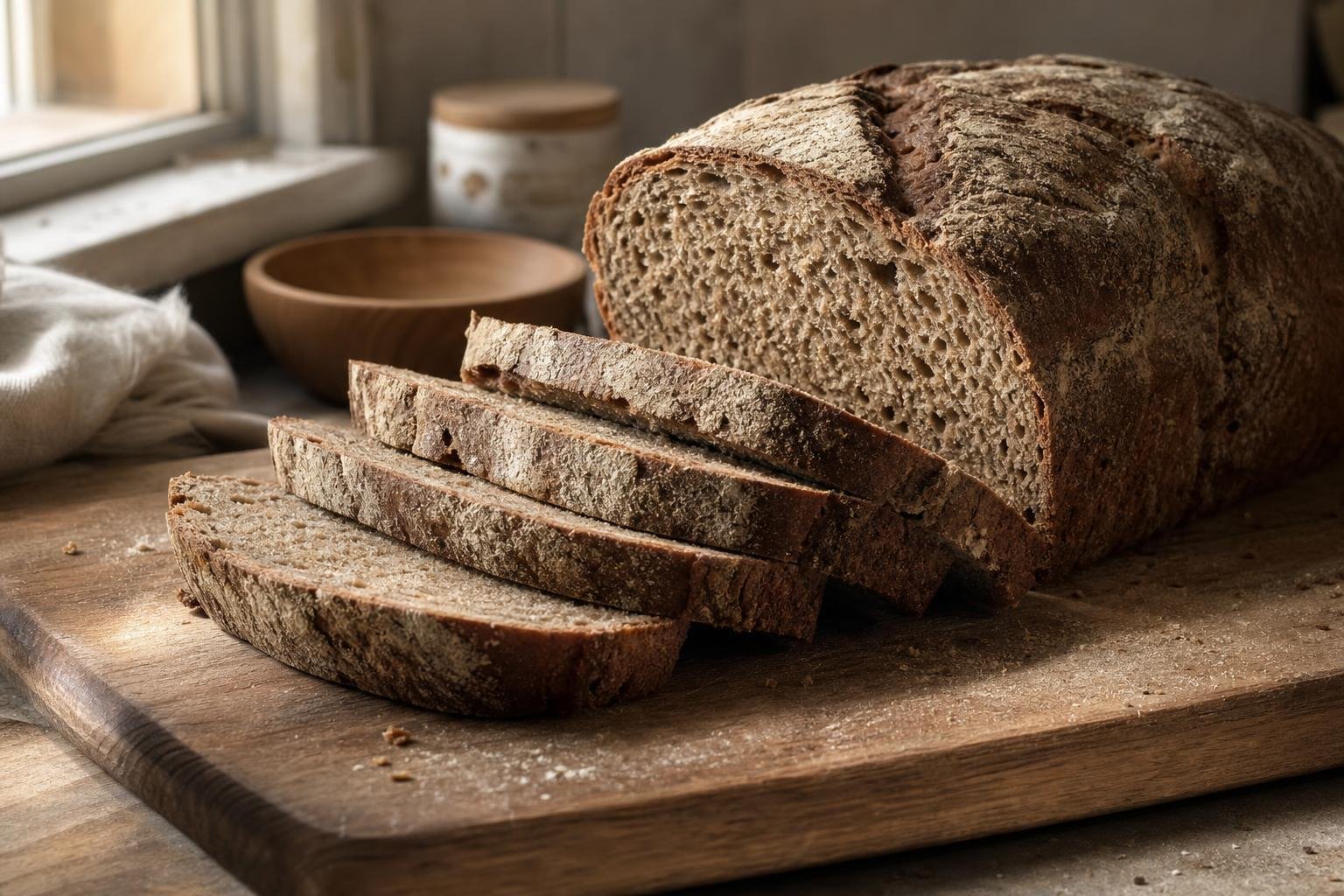 Miche de pain de seigle tranchée sur une planche en bois