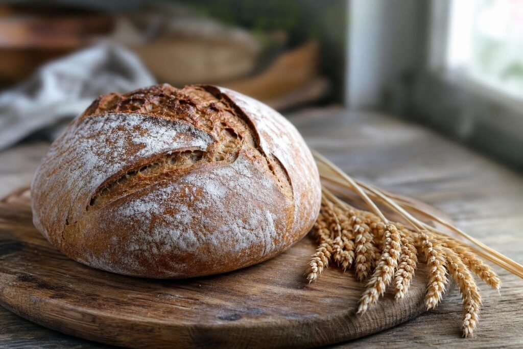 Miche de pain d'épeautre posée sur une planche en bois, à côté d'épis d'épeautre