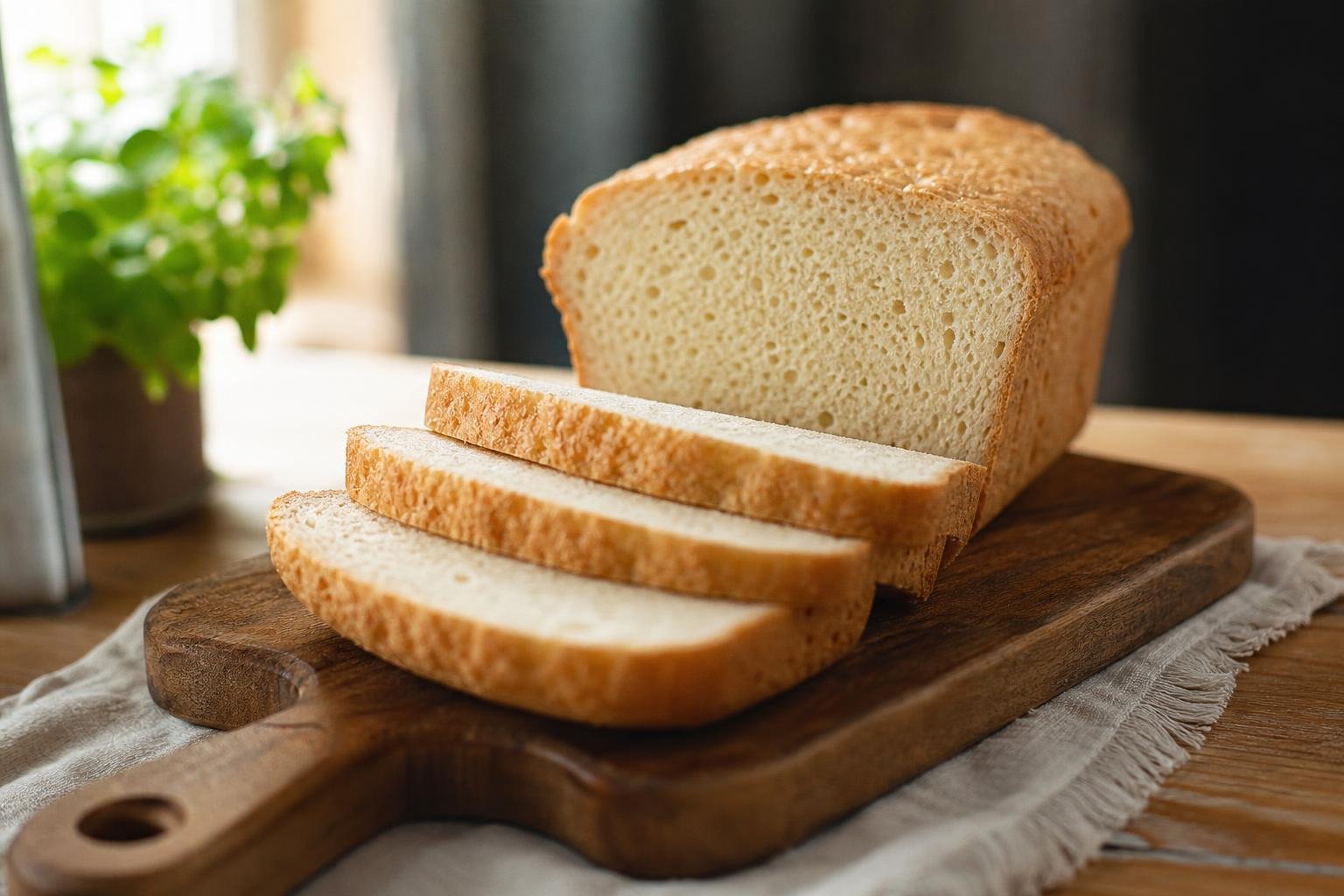 Miche de pain sans gluten tranchée sur une planche en bois