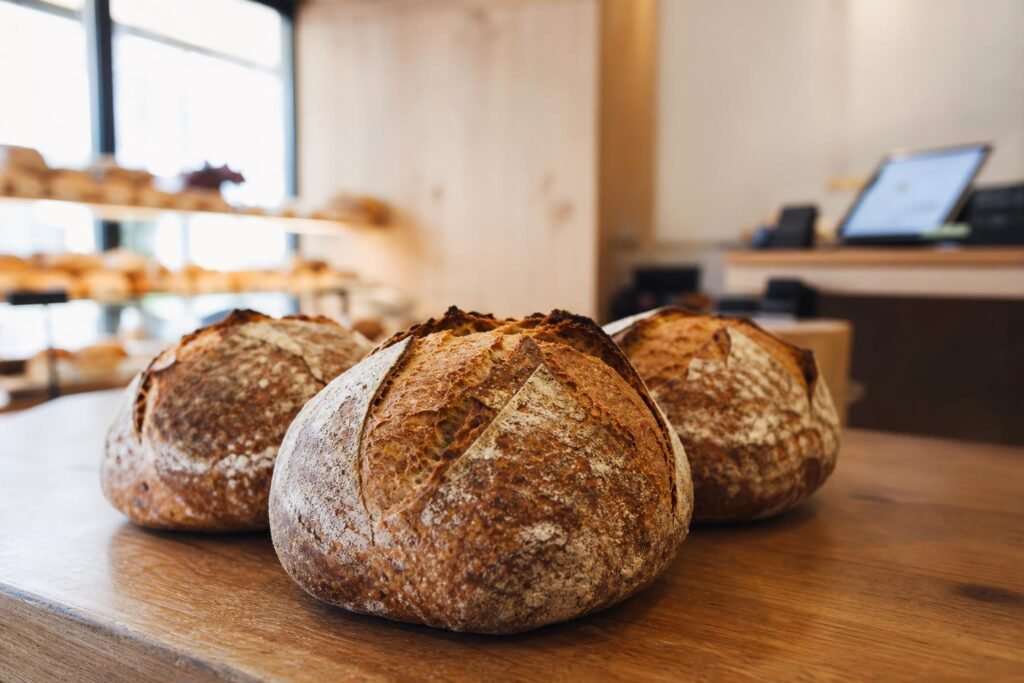 Miches de pain au levain posées sur un comptoir de boulangerie