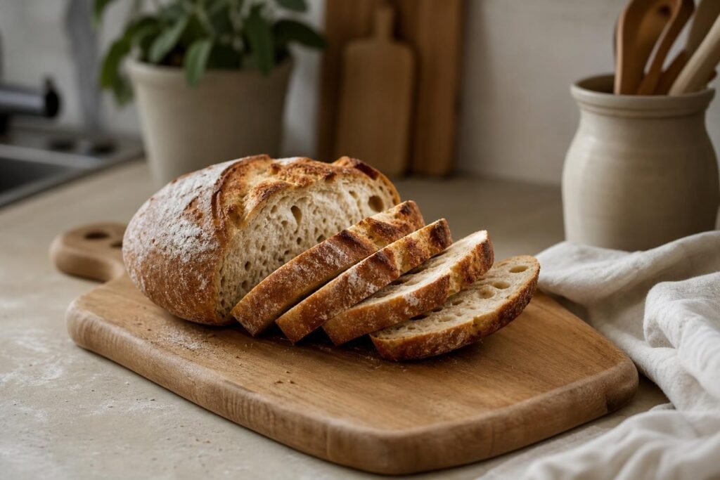 Pain au levain tranché posé sur une planche en bois