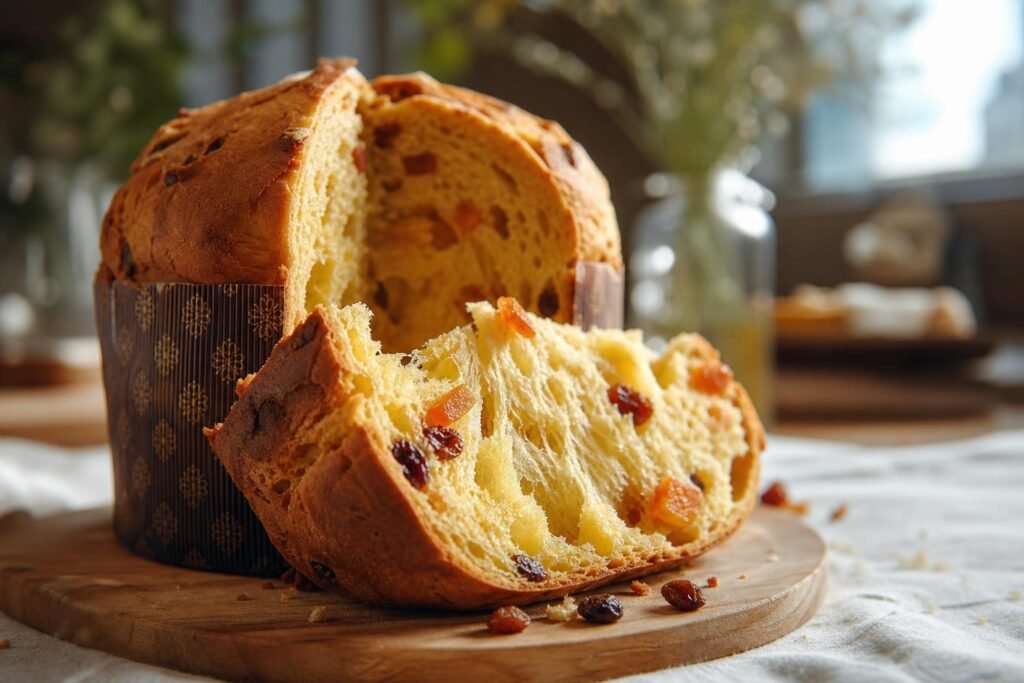 Panettone au levain tranché, mie filante et fruits confits