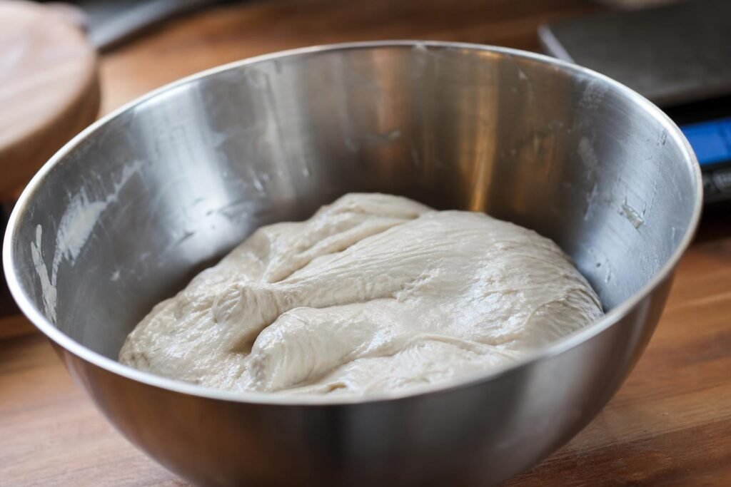 Pâte à pain au repos dans une cuve, avant l'ajout du sel et du levain
