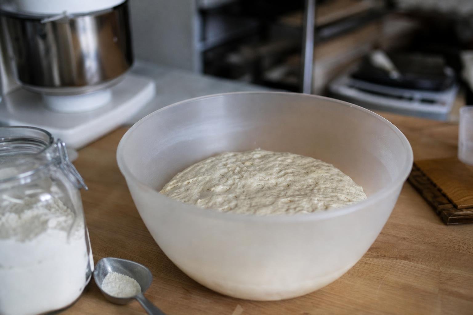 Pâte de préfermentation en train de fermenter dans un saladier, avant d'être incorporée au pétrin