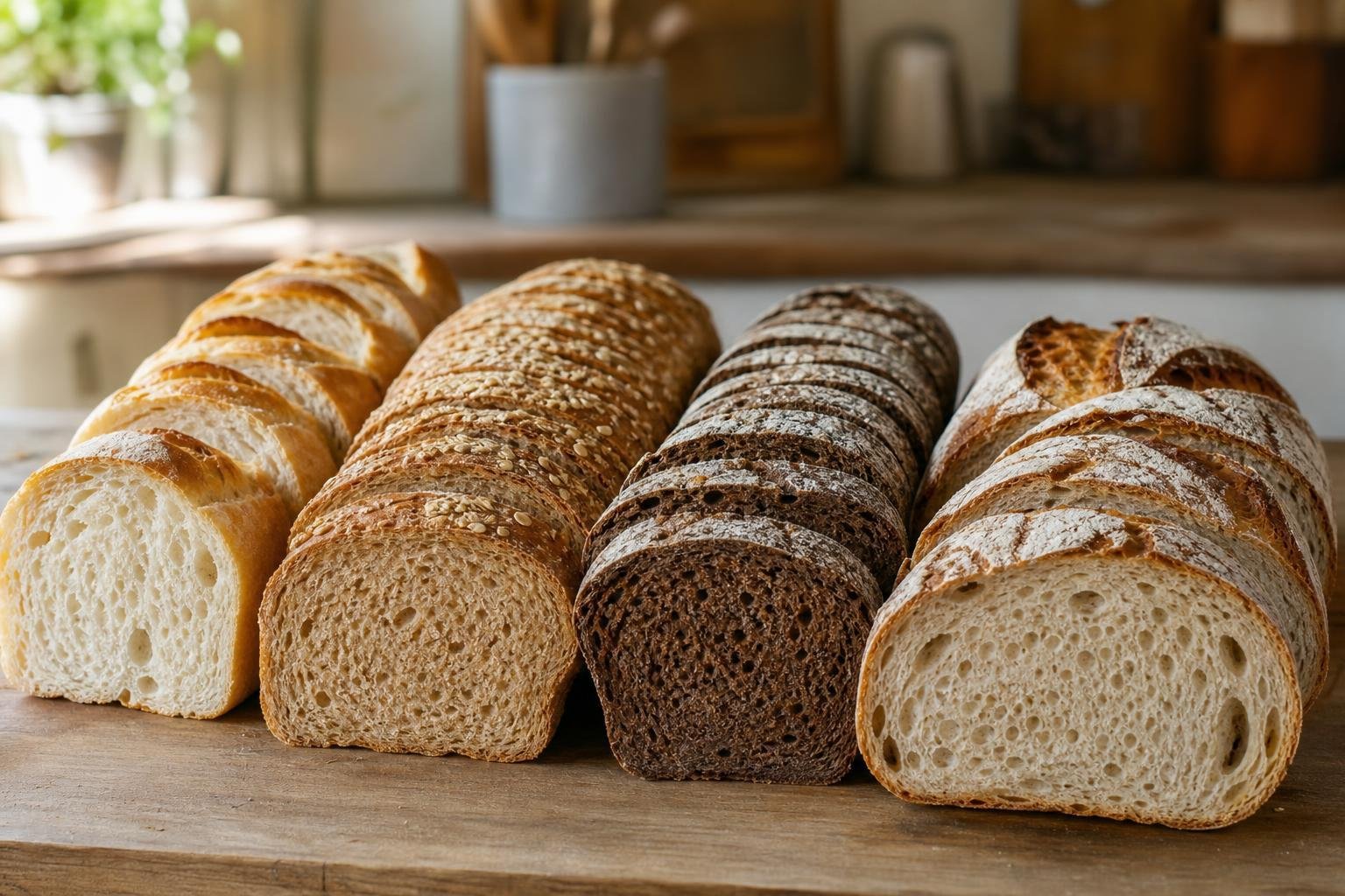 Plusieurs pains tranchés côte à côte sur un plan de travail : baguette, pain complet, pain de seigle et pain au levain