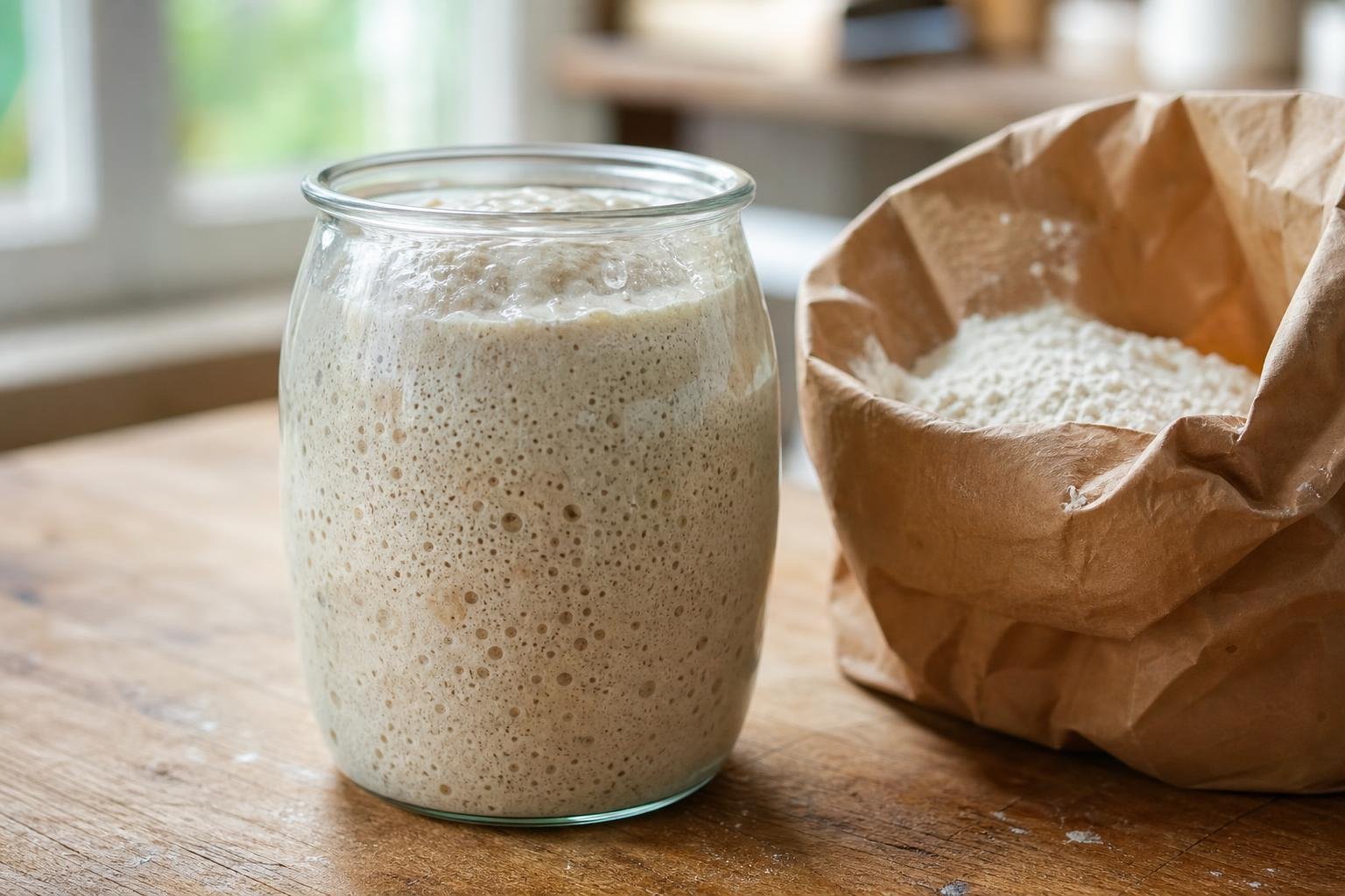 Pot de levain naturel en pleine activité posé près d'un sachet de farine