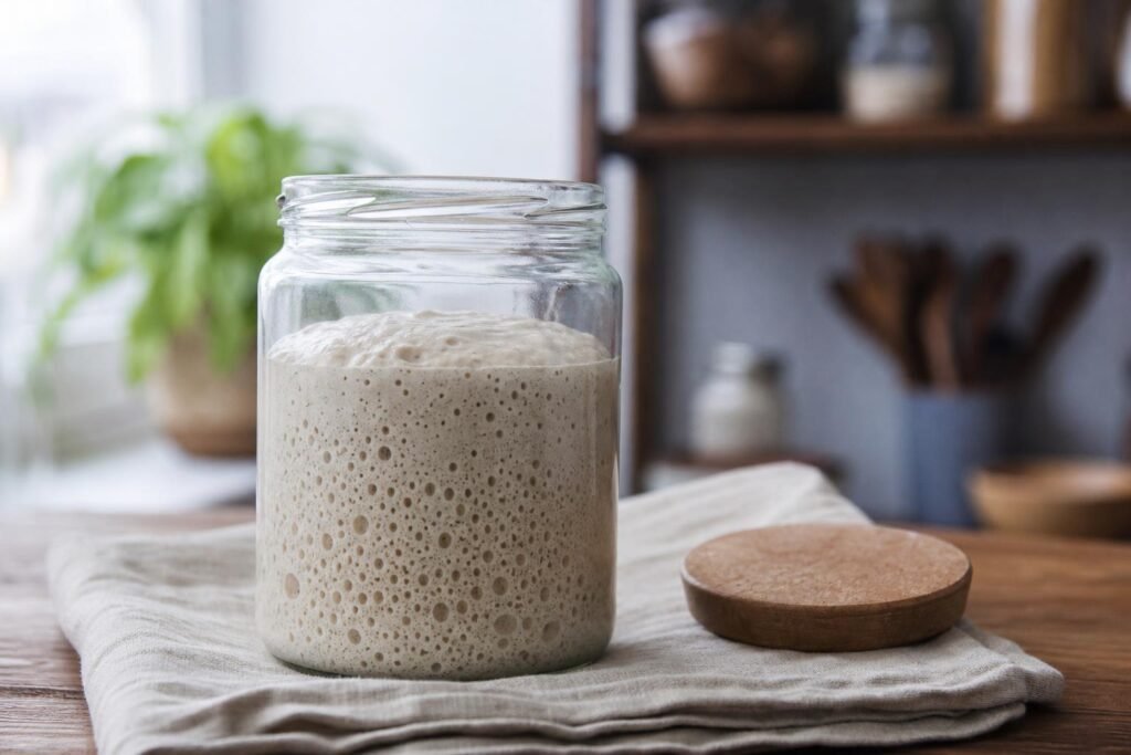 Pot en verre rempli de levain naturel en pleine fermentation, bulles visibles dans la pâte