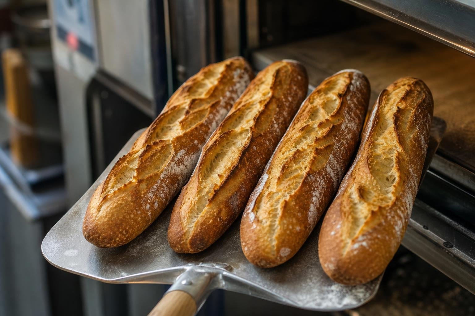 Quatre baguettes tradition dorées, grignes ouvertes, sortant du four