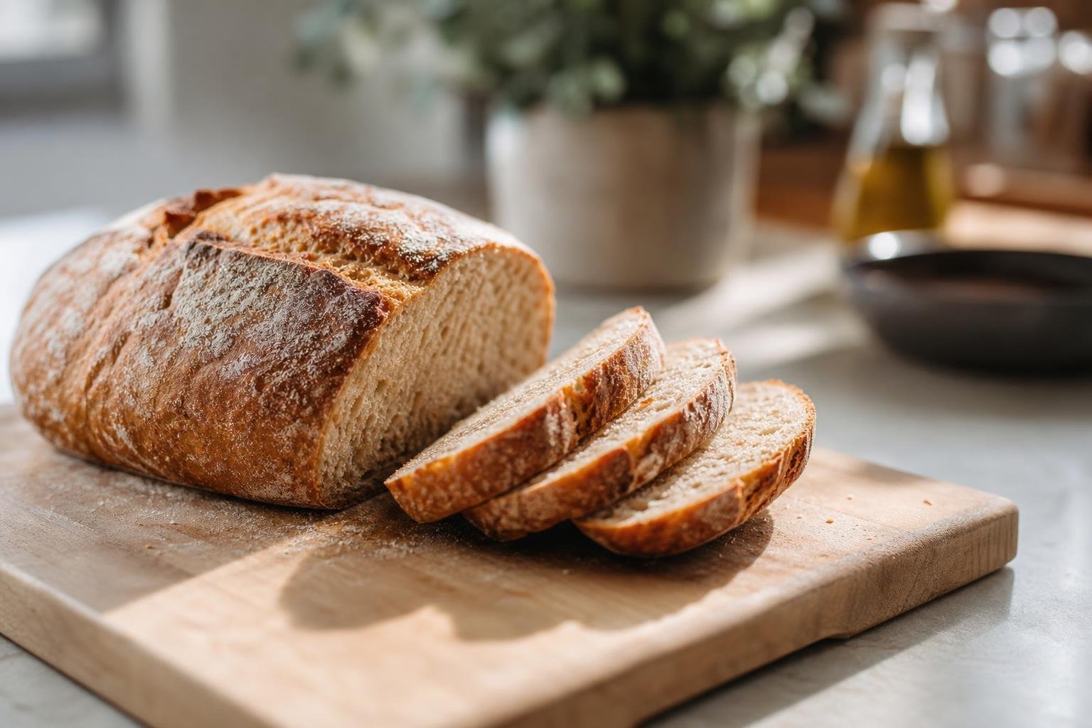 Tranches de pain coupées sur une planche en bois