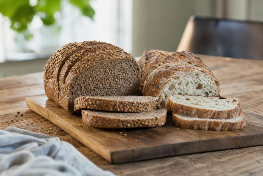 Tranches de pain de seigle et de pain au levain sur une planche en bois
