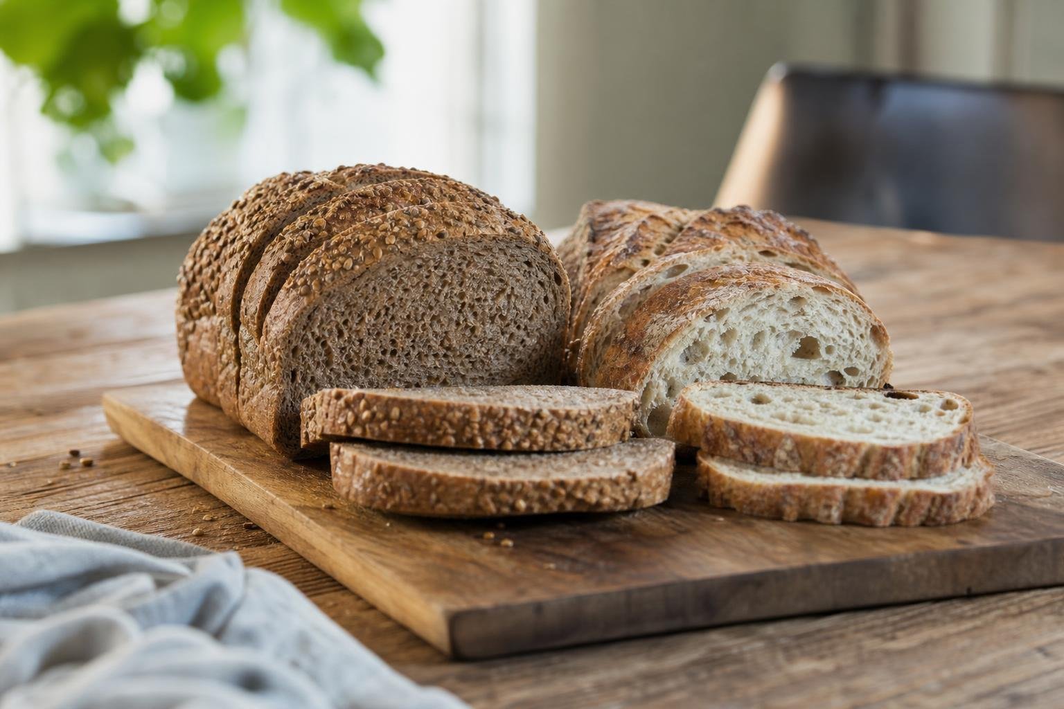 Tranches de pain de seigle et de pain au levain sur une planche en bois