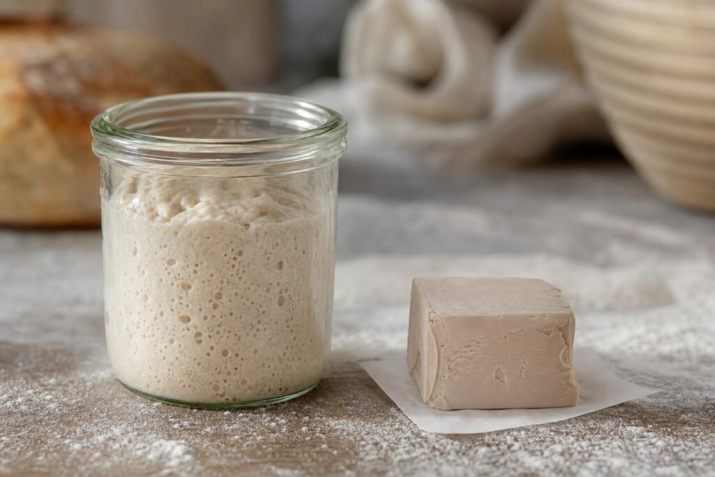 Un pot de levain naturel et un cube de levure de boulanger fraîche côte à côte sur un plan de travail fariné