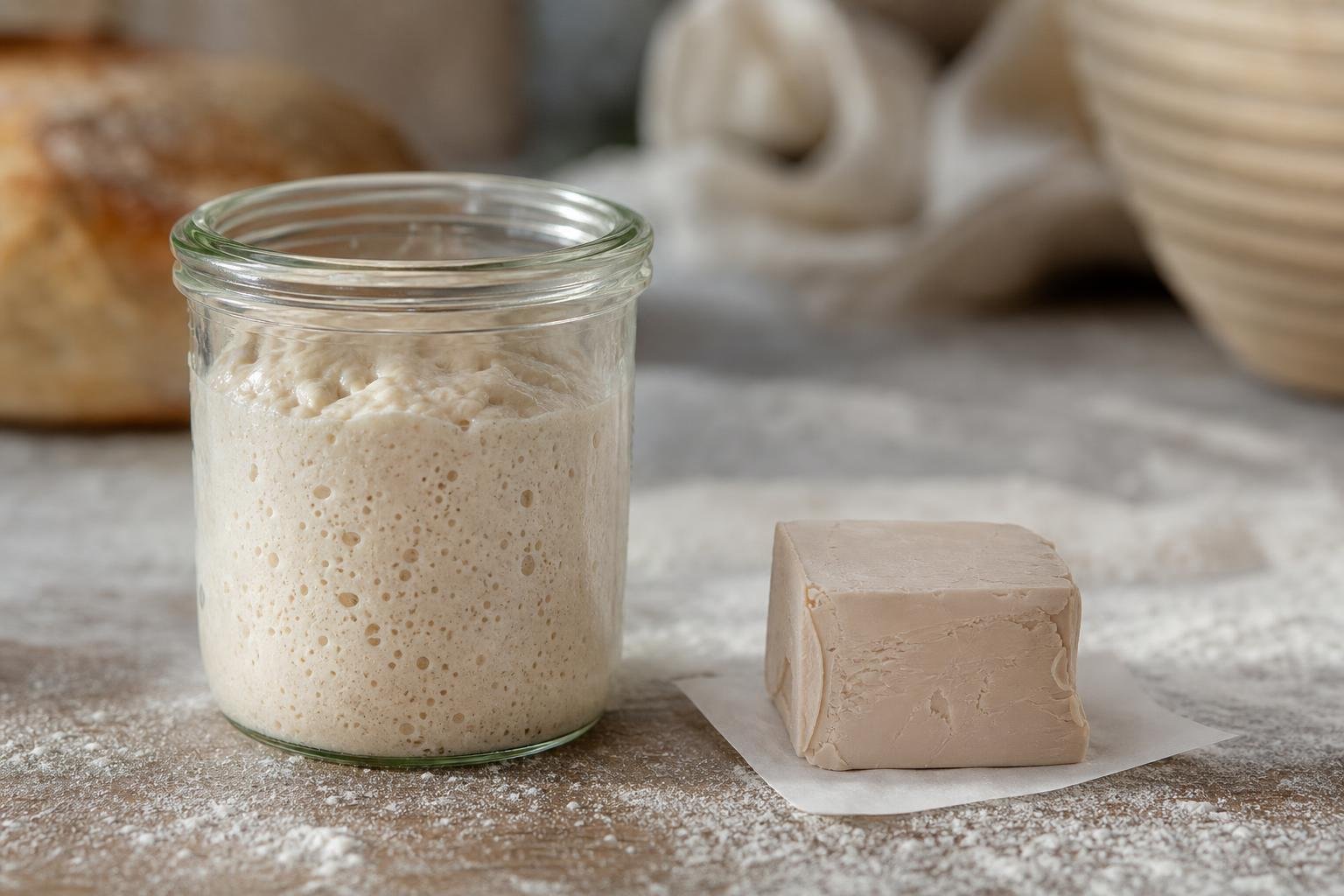 Un pot de levain naturel et un cube de levure de boulanger fraîche côte à côte sur un plan de travail fariné