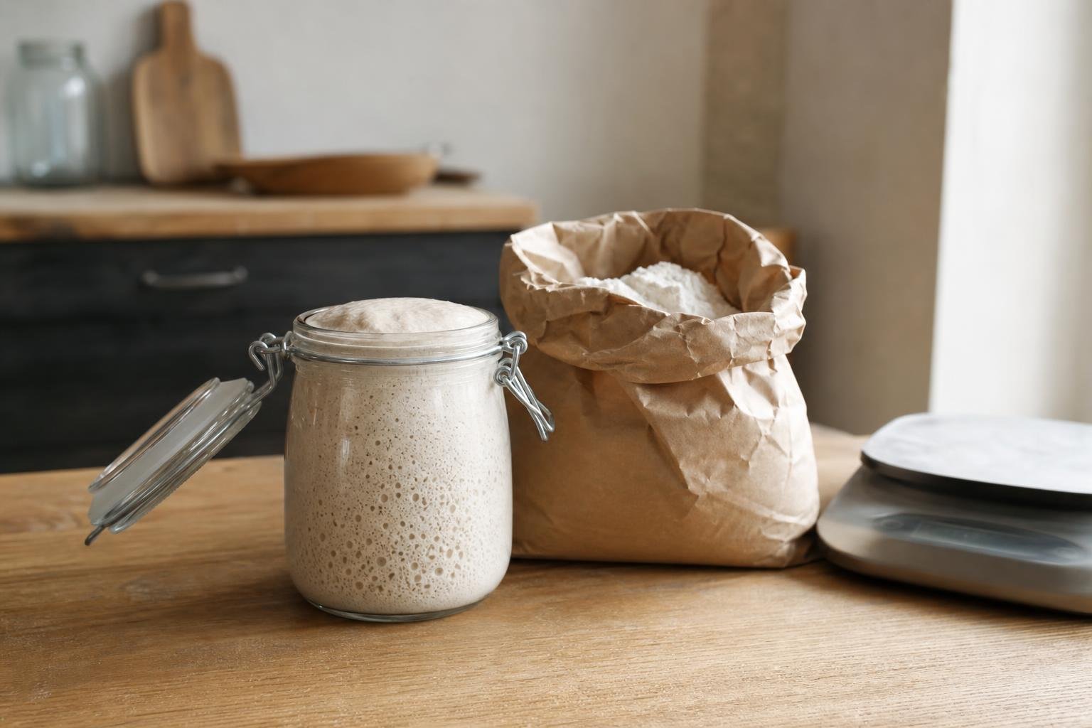Combien de levain pour 1 kg de farine : les bonnes doses Un pot de levain naturel posé à côté d'un sac de farine et d'une balance de cuisine