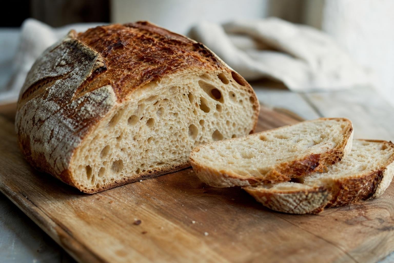 Une miche de pain au levain tranchée, mie alvéolée et croûte brune