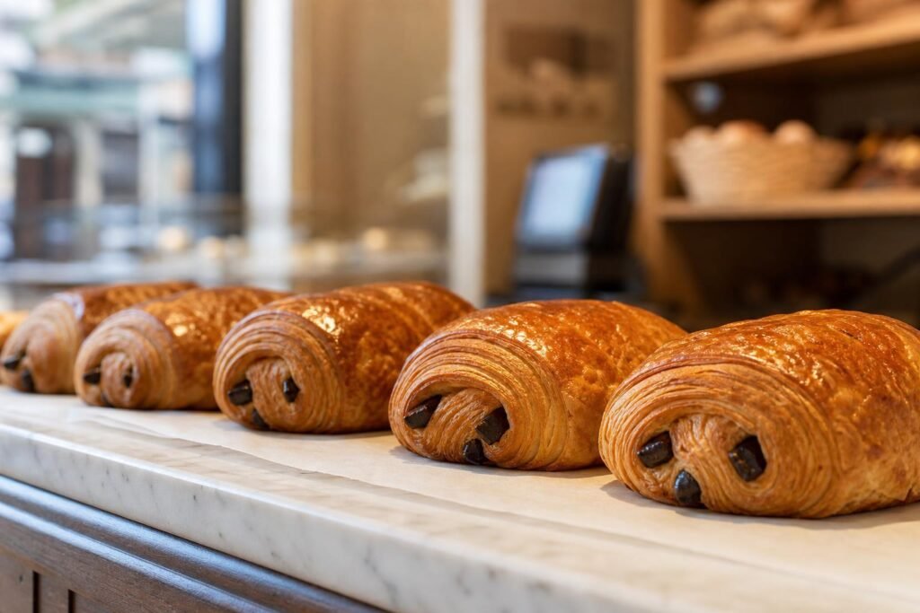 Viennoiseries au chocolat alignées sur le comptoir d'une boulangerie