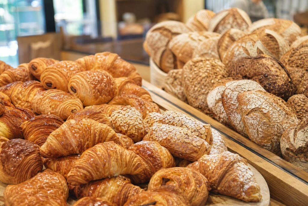 Viennoiseries et pains côte à côte sur le comptoir d'une boulangerie
