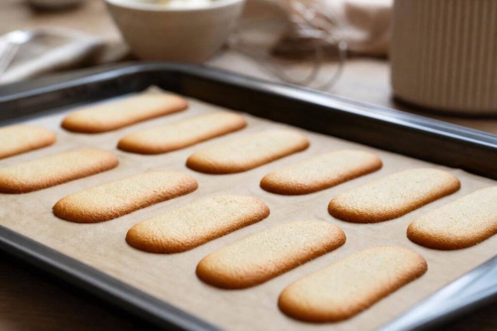 Biscuits langues de chat dorés sur les bords posés sur une plaque de cuisson
