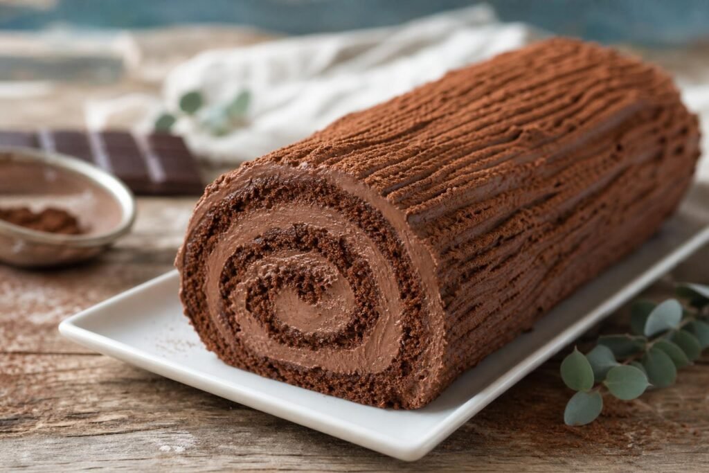 Bûche pâtissière roulée à la crème au beurre au chocolat, striée à la fourchette