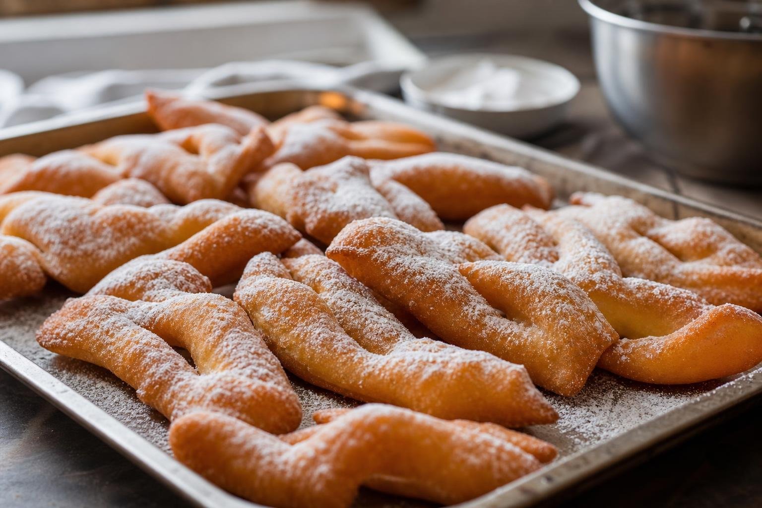 Bugnes de Mardi gras saupoudrées de sucre glace sur une plaque de boulangerie