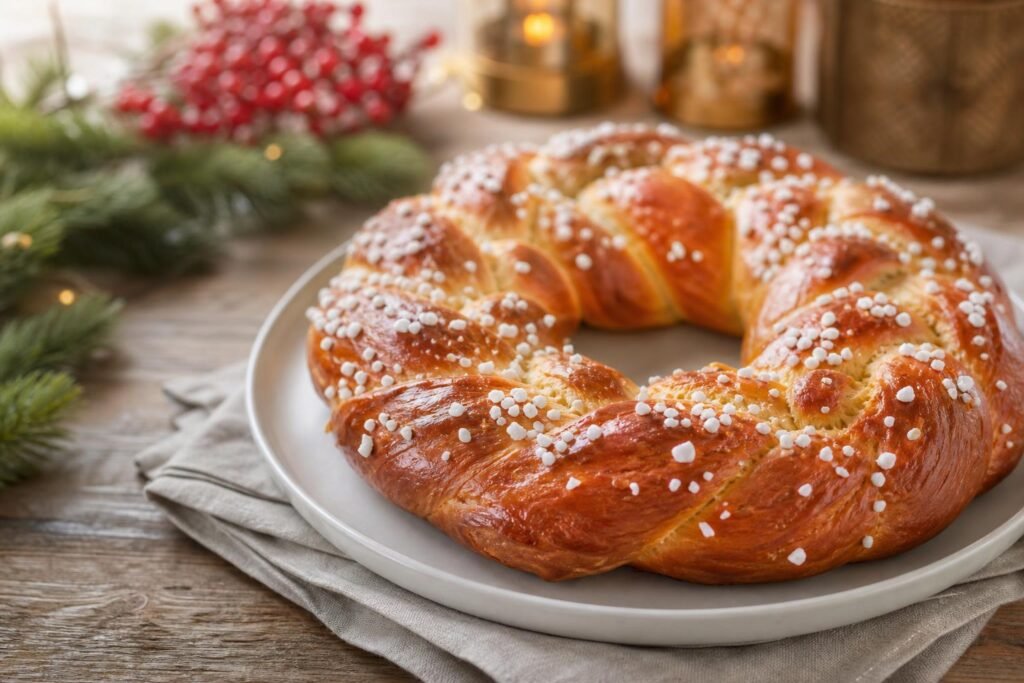 Couronne de brioche de Noël tressée, dorée et parsemée de sucre perlé