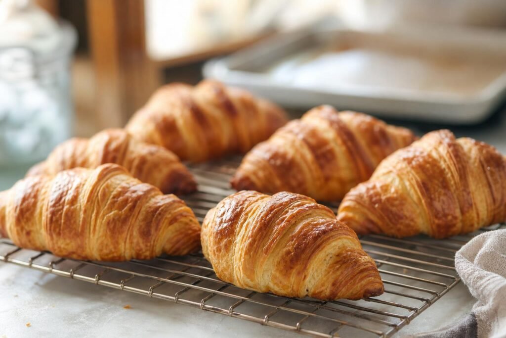 Croissants maison dorés et feuilletés sur une grille, juste sortis du four
