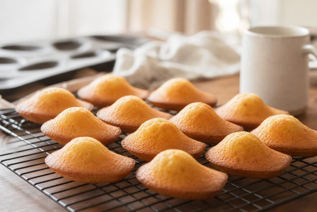 Madeleines dorées avec leur bosse, tout juste démoulées sur une grille