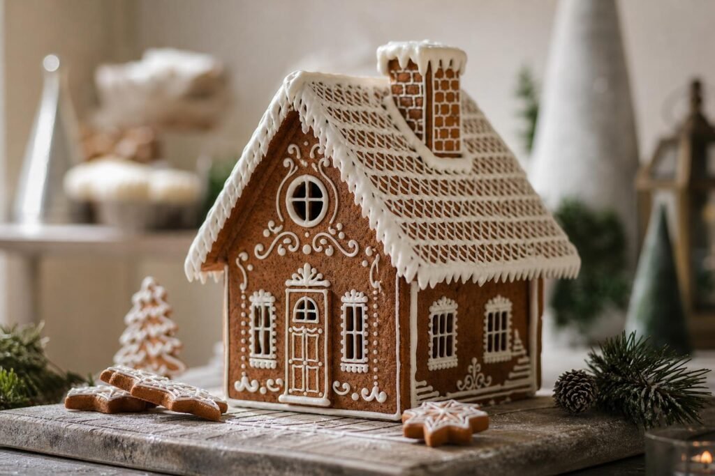 Maison en pain d'épices décorée de glace royale blanche