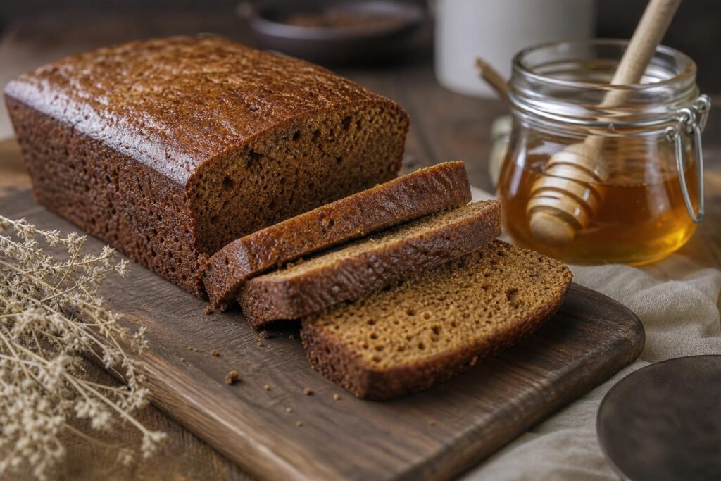 Pain d'épices maison tranché sur une planche, à côté d'un pot de miel